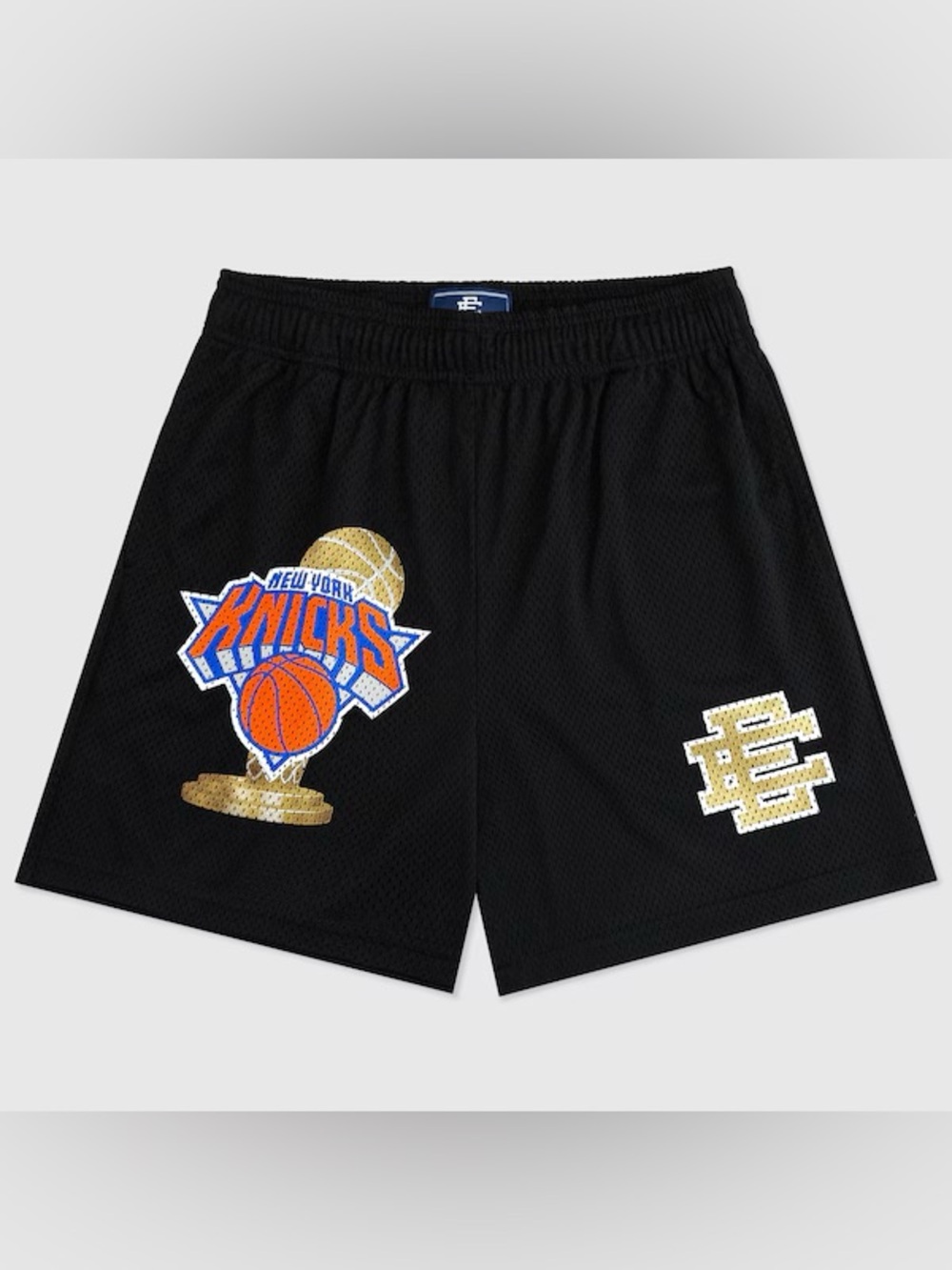 Eric Emanuel Black Mesh Knicks Trophy Patch Shorts with Gold Logo